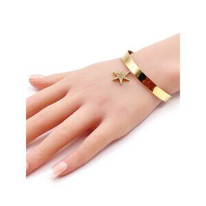 J.Crew Gold Tone Rhinestone Celestial Star Dangle Charm Cuff Bracelet Adjustable